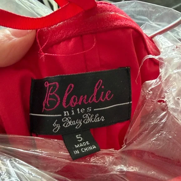 Blondie Nites Red Satin Prom Dress with Crystal Embellishment - Picture 2 of 2